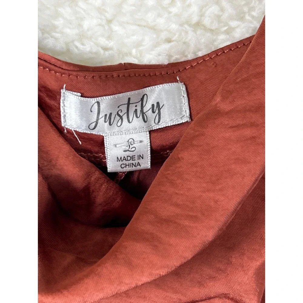 Justify Rust‎ Brown Cowl Neck Satin Midi Slip Dress with Side Slit Size L NEW